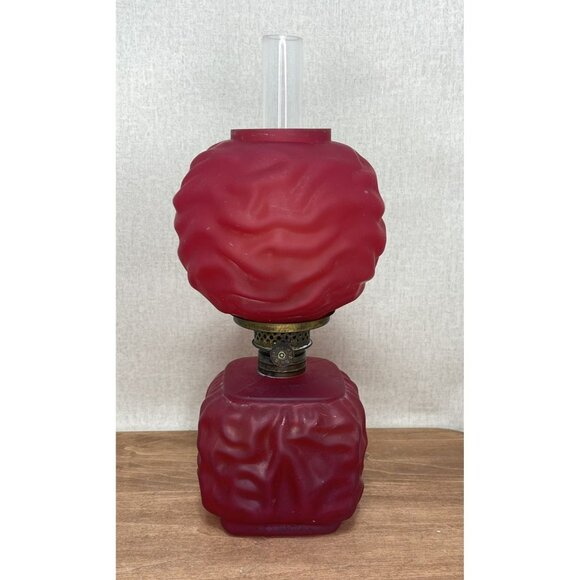 Antique Red Satin Glass Oil Lamp GWTW Era Mini 10 Inch Cranberry Ruby Red